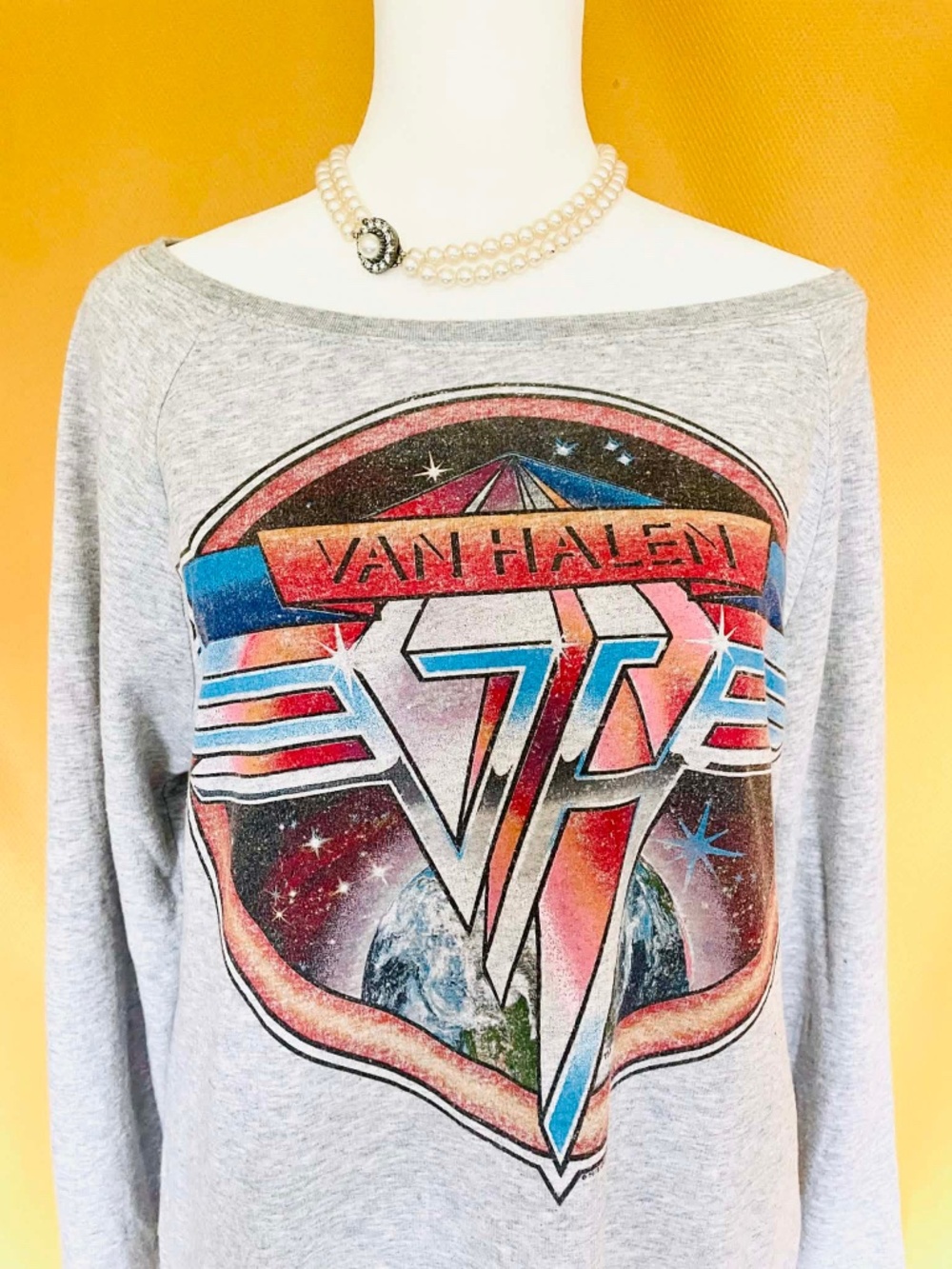 Forever 21 Van Halen Graphic Top Medium Gray Off Shoulder Band Tee Rock M/L